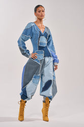 COMFY COZY DENIM PATCHWORK JUMPSUIT
