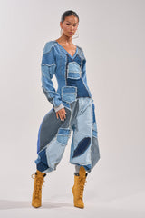 COMFY COZY DENIM PATCHWORK JUMPSUIT