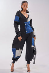 COMFY COZY PATCHWORK JUMPSUIT IN BLACK