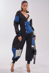 COMFY COZY PATCHWORK JUMPSUIT IN BLACK