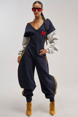 COMFY COZY VARSITY JUMPSUIT IN NAVY