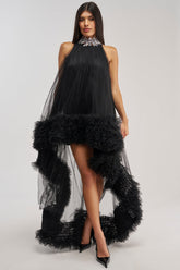 ARI TULLE RUFFLE HIGH LOW DRESS IN BLACK