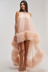 ARI TULLE RUFFLE HIGH LOW MINI DRESS IN BLUSH