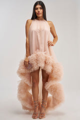 ARI TULLE RUFFLE HIGH LOW MINI DRESS IN BLUSH