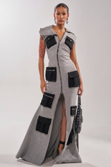 DON'T MESS WITH ME COLLARED MAXI DRESS IN GREY SCUBA