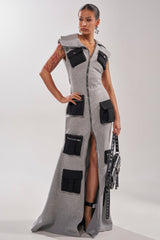 DON'T MESS WITH ME COLLARED MAXI DRESS IN GREY SCUBA