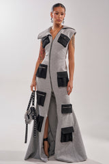 DON'T MESS WITH ME COLLARED MAXI DRESS IN GREY SCUBA