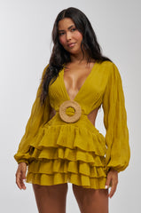 ON ISLAND TIME RUFFLED MINI DRESS IN CHARTREUSE
