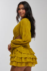 ON ISLAND TIME RUFFLED MINI DRESS IN CHARTREUSE
