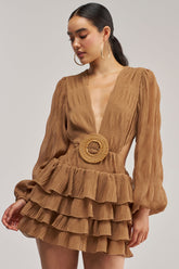 ON ISLAND TIME RUFFLED MINI DRESS IN TAUPE