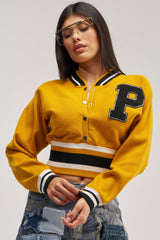 VARSITY TEAM BUTTON DOWN SWEATER IN MUSTARD