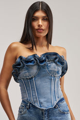 SOMETHING DIFFERENT DENIM CORSET WITH ZIPPER DETAIL IN MEDIUM BLUE DENIM