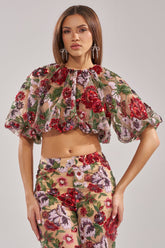 ENCHANTED GARDEN FLORAL EMBROIDERED TULLE TOP