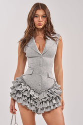 STRICTLY BUSINESS SLEEVELESS BLAZER ROMPER IN GREY
