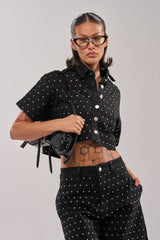 ITS GIVING DENIM RHINESTONE BUTTON DOWN