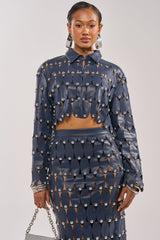 THE SNEAK PEEK STUDDED PU CROP CARDIGAN IN NAVY