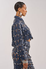 THE SNEAK PEEK STUDDED PU CROP CARDIGAN IN NAVY