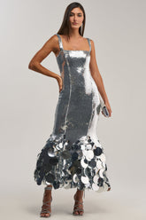 LIFE OF THE PARTY SEQUIN MIDI DRESS IN SILVER