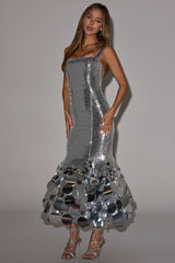 LIFE OF THE PARTY SEQUIN MIDI DRESS IN SILVER