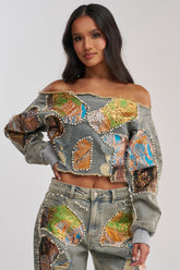 PATCHED UP BROCADE DENIM SWEATSHIRT