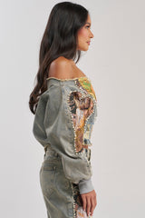 PATCHED UP BROCADE DENIM SWEATSHIRT