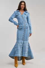 TRAPEZE BUTTON DOWN DENIM MAXI DRESS