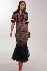 LAYUP LACE JERSEY MIDI DRESS IN BLACK