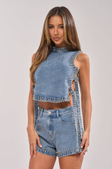 LOVE ME RHINESTONE DENIM TOP