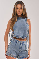 LOVE ME RHINESTONE DENIM TOP