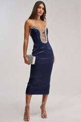FEELIN THE LOVE RHINESTONE SATIN MIDI DRESS IN NAVY