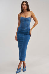 DAYDREAM IN DENIM STRAPLESS MAXI DRESS