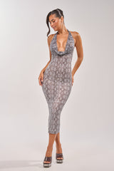 LENNON PRINTED MESH RHINESTONE MIDI DRESS IN PYTHON