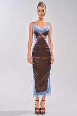 ESSENTIAL LACE TRIM SATIN SLEEVELESS MAXI DRESS IN BROWN