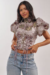 DARLING FLORAL BROCADE PUFF SLEEVE BLOUSE