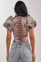 DARLING FLORAL BROCADE PUFF SLEEVE BLOUSE
