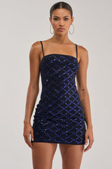 SPARKLE CITY RHINESTONE MINI DRESS IN NAVY