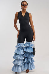 ELEVATED BASICS BODYCON JUMPSUIT WITH RUFFLE DENIM LEG