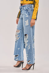 SOMETHING NEW FOLD OVER WAISTBAND DISTRESSED DENIM