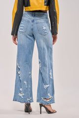 SOMETHING NEW FOLD OVER WAISTBAND DISTRESSED DENIM