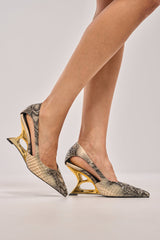 AKIRA GOLD ABYSSICA SNAKE PRINT GOLD WEDGE HEEL PUMP