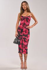 FRONT ROW FLORAL MIDI DRESS IN PINK MULTI