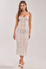 ELECTRIC MUSE LACE MIDI DRESS IN WHITE