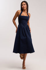 MISS INDEPENDENT DENIM HALTER MIDI DRESS