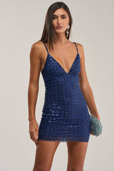 CITY LIGHTS RHINESTONE MINI DRESS IN BLUE