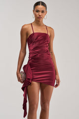 TWIRL ME TWICE SATIN MINI DRESS IN BURGUNDY