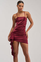 TWIRL ME TWICE SATIN MINI DRESS IN BURGUNDY