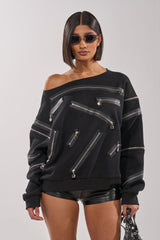 UN-ZIP ME OFF THE SHOULDER SWEATSHIRT