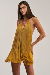 DRINKS ON ME FRINGE MINI DRESS IN GOLD