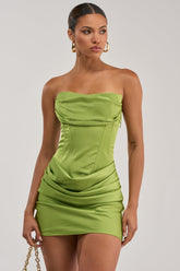NO COMPETITION STRAPLESS SATIN MINI DRESS IN CHARTREUSE