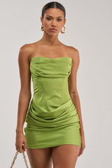 NO COMPETITION STRAPLESS SATIN MINI DRESS IN CHARTREUSE